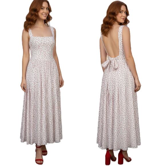 CAROLINE CONSTAS Dainty Red Rose Floral Midi Maxi Dress Medium Open Back Bow - Picture 1 of 11